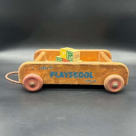 Vintage Playskool Wooden Wagon Pull Toy Blocks Rope Handle 1960s Mid Century - Picture 2 of 13